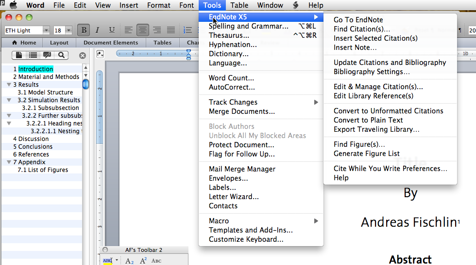 If all is as it should be, then you should see the 'EndNote X5' submenu from within Word in your Tools menu similar to this: